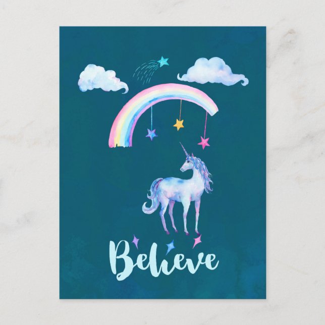 Believe with a Unicorn Under a Rainbow Postcard (Front)