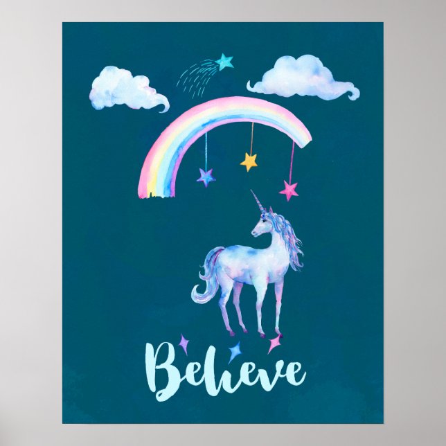 Believe with a Unicorn Under a Rainbow Poster (Front)