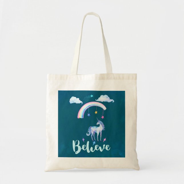 Believe with a Unicorn Under a Rainbow Tote Bag (Front)