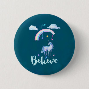 Believe with a Watercolor Unicorn Under a Rainbow 6 Cm Round Badge