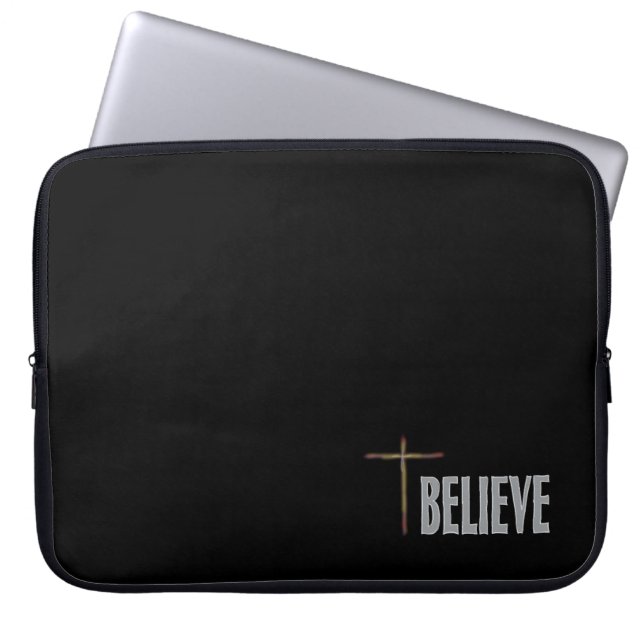 Believe with Christian Cross on Black  Laptop Sleeve (Front)