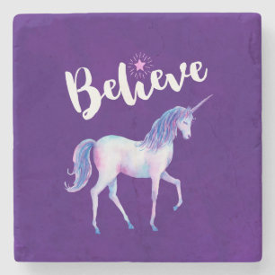 Believe with Unicorn In Pastel Watercolors Stone Coaster