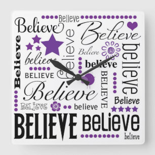 Believe Word Art Text Design Square Wall Clock