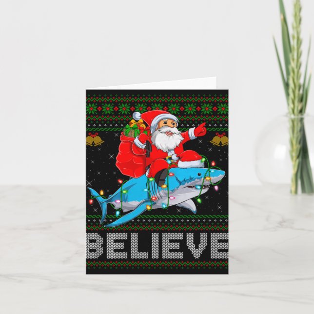 Believe Xmas Funny Santa Riding Shark Ugly Christm Card (Front)