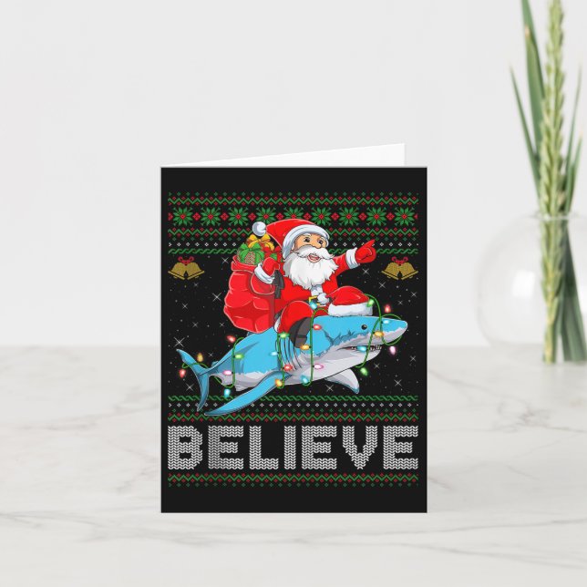 Believe Xmas Funny Santa Riding Shark Ugly Christm Card (Front)