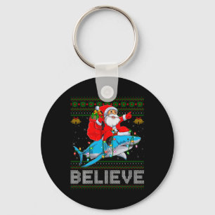Believe Xmas Funny Santa Riding Shark Ugly Christm Key Ring
