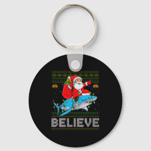 Believe Xmas Funny Santa Riding Shark Ugly Christm Key Ring