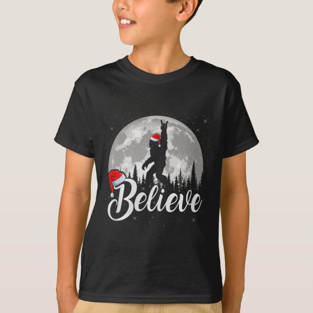 Believe Xmas Santa Bigfoot Sasquatch In Moon Light T-Shirt (Front)
