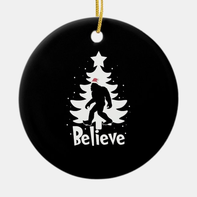 Believe Yeti Bigfoot Sasquatch Christmas Santa Ceramic Ornament (Front)