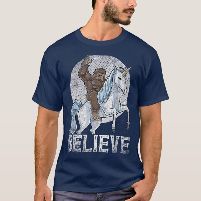 Believer Bigfoot Riding Unicorn T-Shirt (Front)