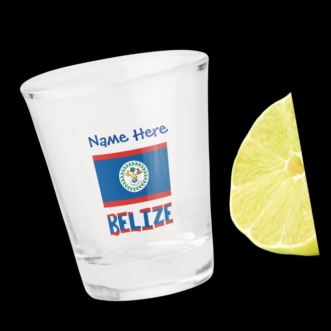 Belise Belizean Flag Blue Personalisation  Shot Glass (Belizean Flag on shot glass has the word BELIZE below in flag colors. Add name above in blue text.)