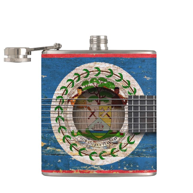 Belise Flag on Old Acoustic Guitar Hip Flask (Opened)