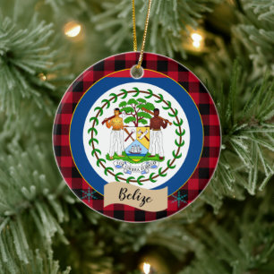 Belise, Red buffalo plaid & Belise Flag Ceramic Ornament