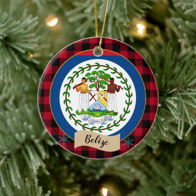 Belise, Red buffalo plaid & Belise Flag Ceramic Ornament (Tree)