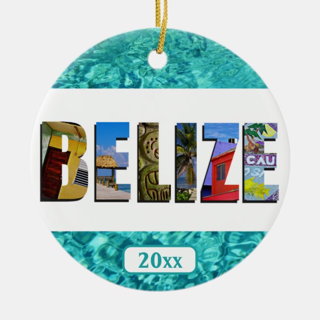 Belise Tropical Beach Blue Ocean Christmas Ceramic Ornament (Front)