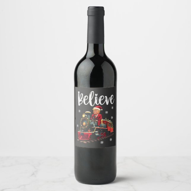 Belive Trump Riding a Train Christmas Santa Apron Wine Label (Front)