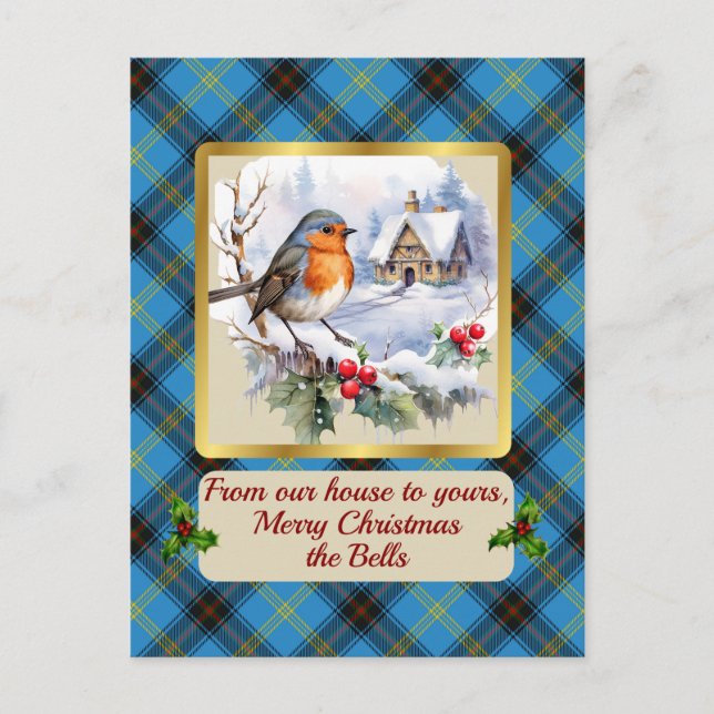Bell Crest & Tartan w/Robin Personalised  Holiday Postcard (Front)