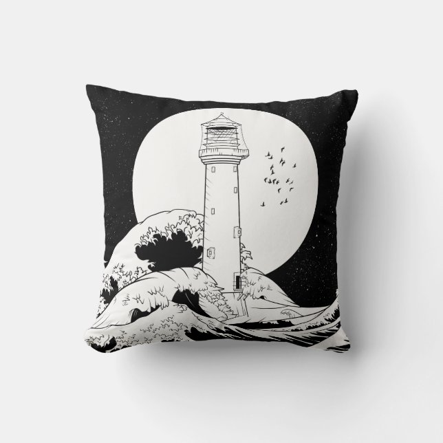 Bell Rock lighthouse black and white Cushion (Front)