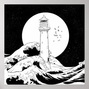 Bell Rock lighthouse black and white Poster