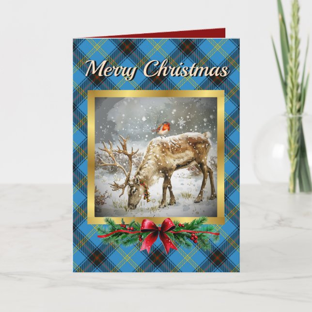 Bell Stag & Robin Tartan Personalised  Holiday Card (Front)