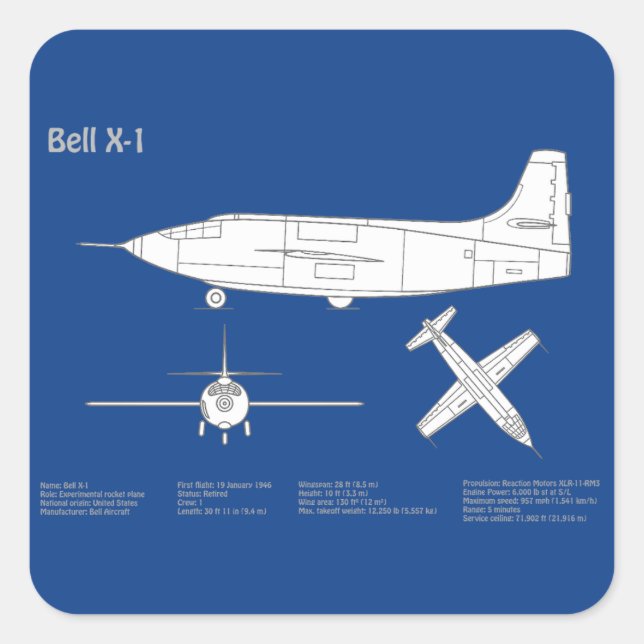 Bell X-1 - Aeroplane Blueprint Plans ABD Square Sticker (Front)