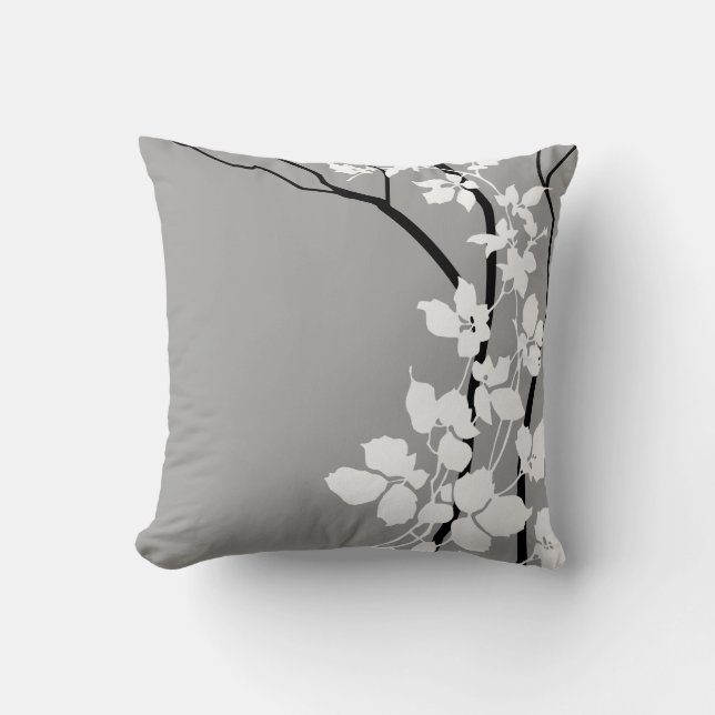 Bella Cherry Blossoms | grey grey black white Cushion (Front)