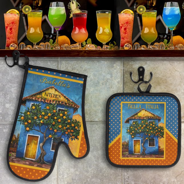 Bella Italia Mediterranean Citrus Tree Oven Mitt & Pot Holder Set (Retro oven mitt and pot holder set with a painting of a Mediterranean house with citrus tree - Italy)