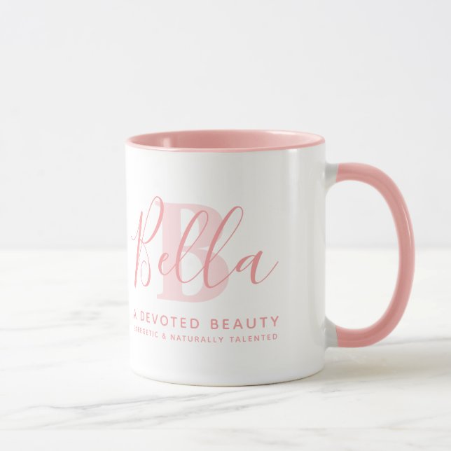 Bella name meaning and monogram soft pink text mug (Right)