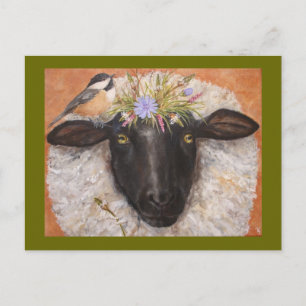 Belle and Chicky (sheep and chickadee) postcard