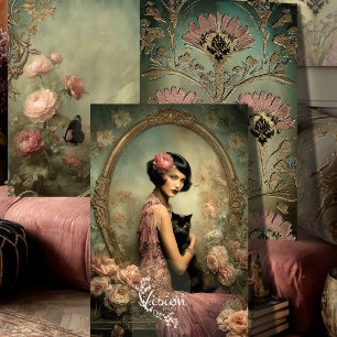 Belle Noir Flapper Black Cat Art Deco Roses Wrapping Paper Sheet