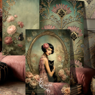 Belle Noir Flapper Black Cat Art Deco Roses Wrapping Paper Sheet