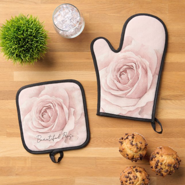 Belle Rose Beautiful Pink Flower Oven Mitt & Pot Holder Set (Top Down)