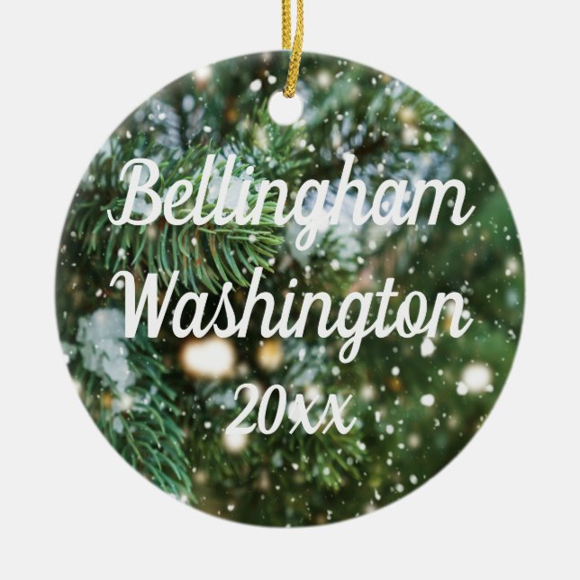 Bellingham Washington Snowy Pine Background Ceramic Ornament (Front)