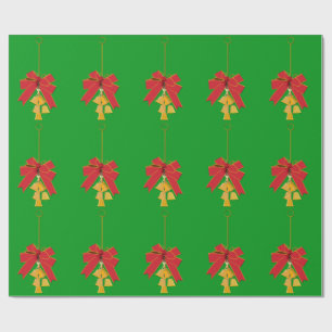 Bells and Bows Wreath Green Wrapping Paper