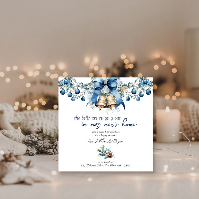 Bells are Ringing Out Blue Christmas New Address Holiday Card (Bells are Ringing Out New Home Christmas Card by Darling & May)