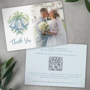 Bells green blue grey wedding photo QR Code Thank You Card