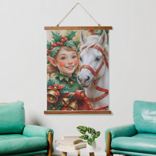 Bells Holly and Horse Christmas Elf Hanging Tapestry