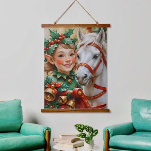 Bells Holly and Horse Christmas Elf Hanging Tapestry