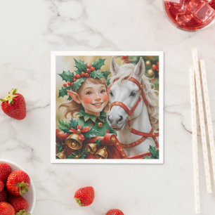 Bells Holly and Horse Christmas Elf Napkin
