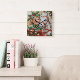 Bells Holly and Horse Christmas Elf Square Wall Clock