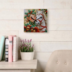 Bells Holly and Horse Christmas Elf Square Wall Clock