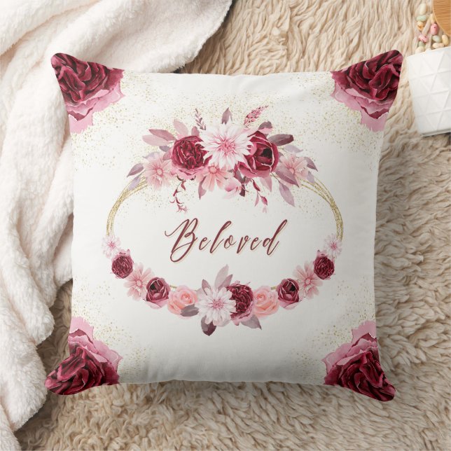 Beloved Elegant Magenta Pink Floral Gold Wreath Cushion (Blanket)