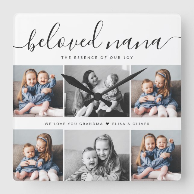 Beloved Nana Grandma Custom Family Photo Keepsake Square Wall Clock (Front)