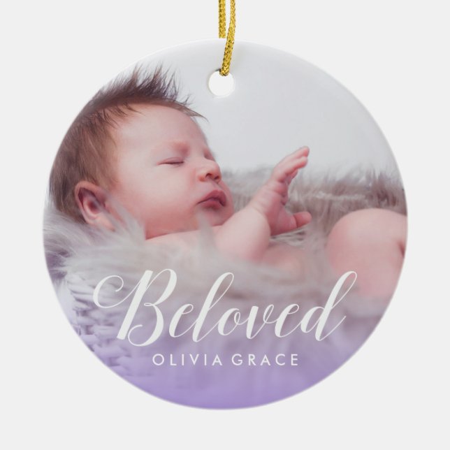 Beloved Purple | Baby Photo Name & Birth Stats Ceramic Tree Decoration (Front)
