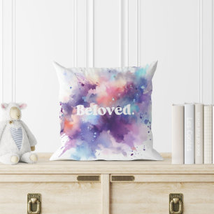 Beloved. Watercolor Colourful Splashes Throw Pillo Cushion