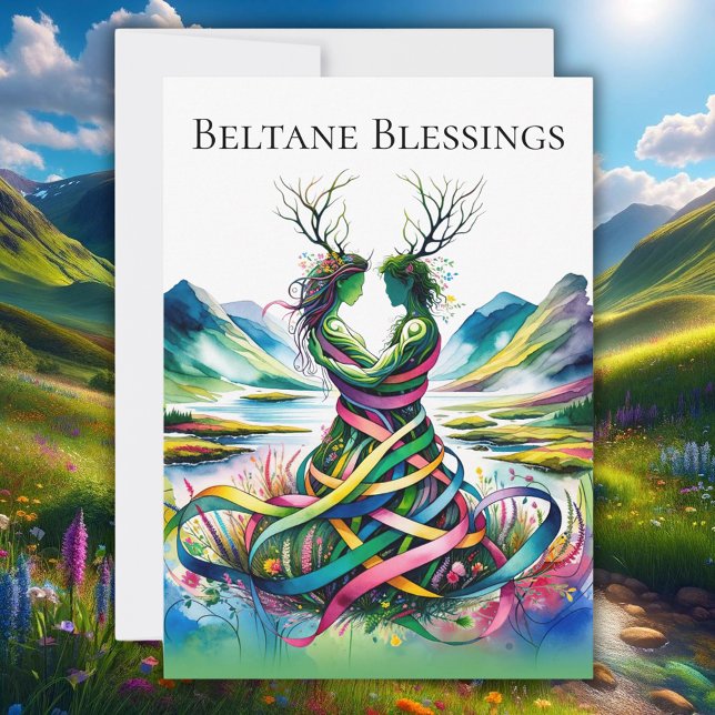 Beltane Blessings Pagan Wiccan Flat Holiday Card (beltane blessings pagan wiccan witch holiday greeting card featured in front of mountains)