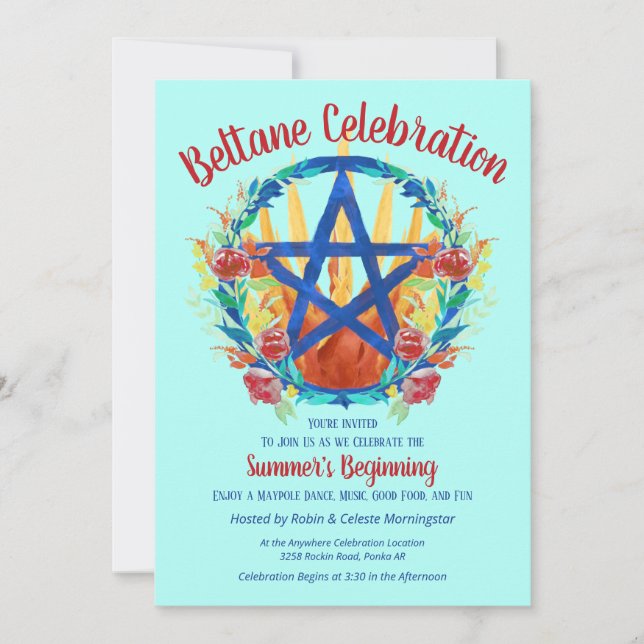 Beltane Fire Pentacle Summer Floral Sabbat Party Invitation (Front)