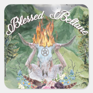 Beltane Fire Ritual Forest Scene Pagan Holiday Square Sticker