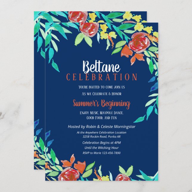 Beltane Summer Flowers Wicca Watercolor Blue Invitation (Front/Back)