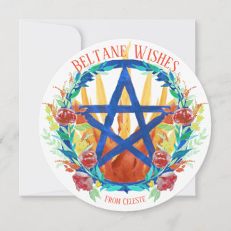 Beltane Wiccan Pentacle Fire & Summer Flowers Holiday Card
